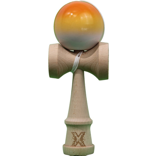 Kendama X Originala, Profesionala, Klevo, Super Sticky din Lemn, 18 cm, Gradient Portocaliu/Galben/Alb