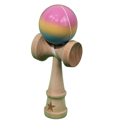 Kendama X Originala, Profesionala, Klevo, Super Sticky din Lemn, 18 cm, Gradient Roz/Galben/Albastru