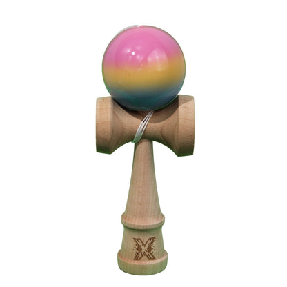 Kendama X Originala, Profesionala, Klevo, Super Sticky din Lemn, 18 cm, Gradient Roz/Galben/Albastru