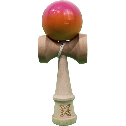 Kendama X Originala, Profesionala, Klevo, Super Sticky, din Lemn, 18 cm, Roz, Portocaliu, Galben