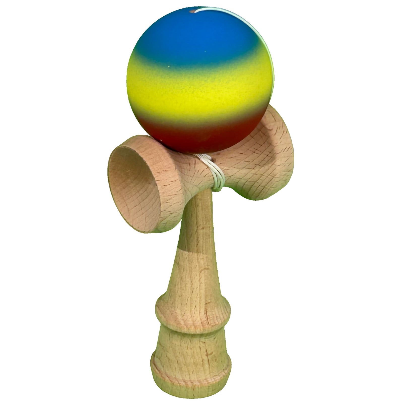 Kendama X Originala, Profesionala, Klevo, din Lemn, Rubber Grip, 18 cm, Gradient Albastru/Galben/Rosu