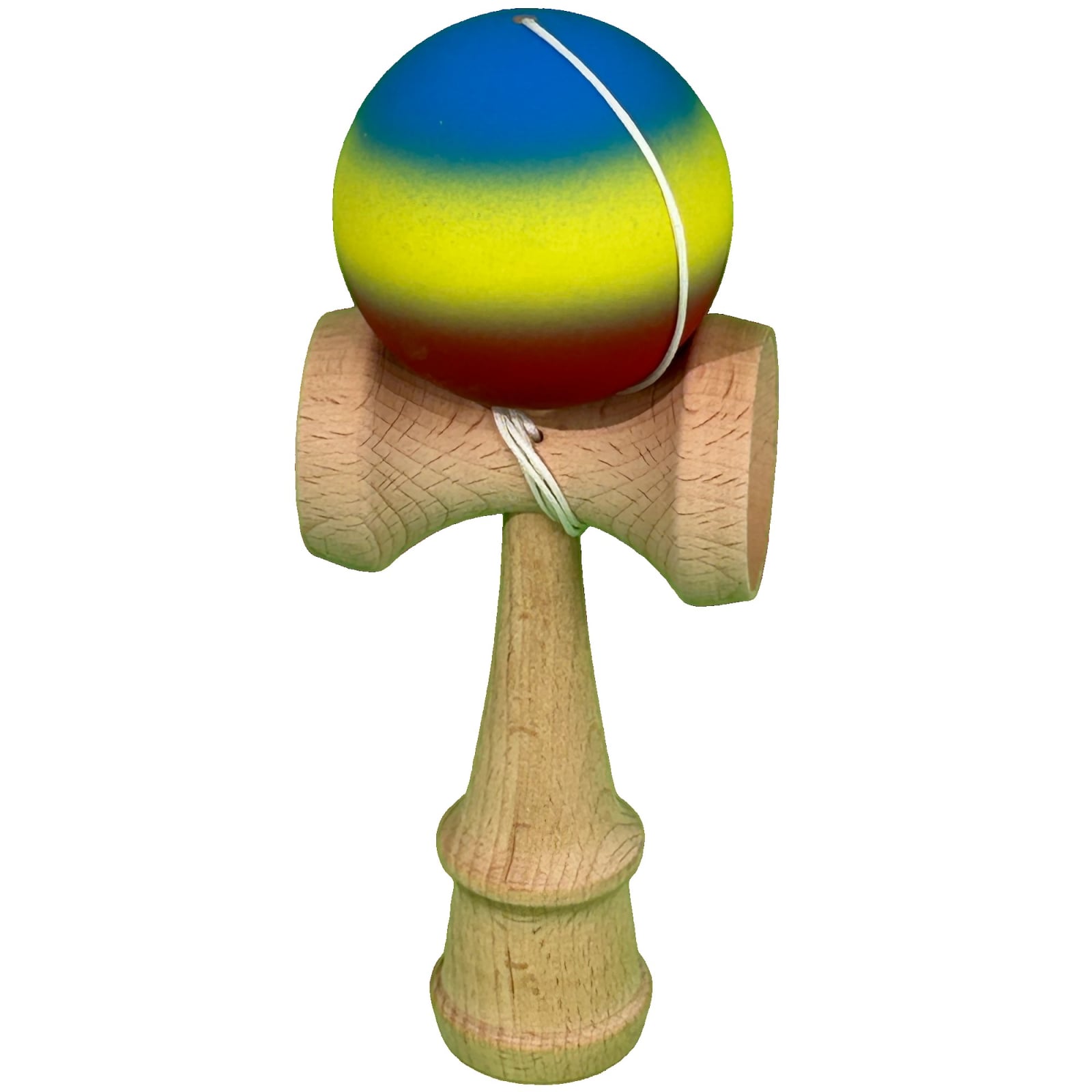 Kendama X Originala, Profesionala, Klevo, din Lemn, Rubber Grip, 18 cm, Gradient Albastru/Galben/Rosu