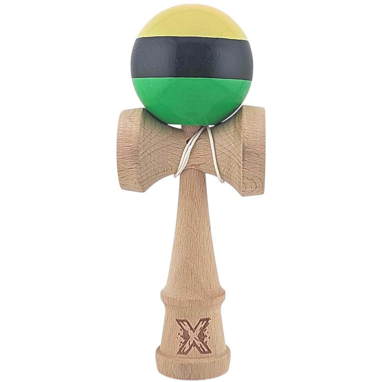 Kendama X Originala, Profesionala, Klevo, Super Sticky din Lemn, 18 cm, Galben/Negru/Verde