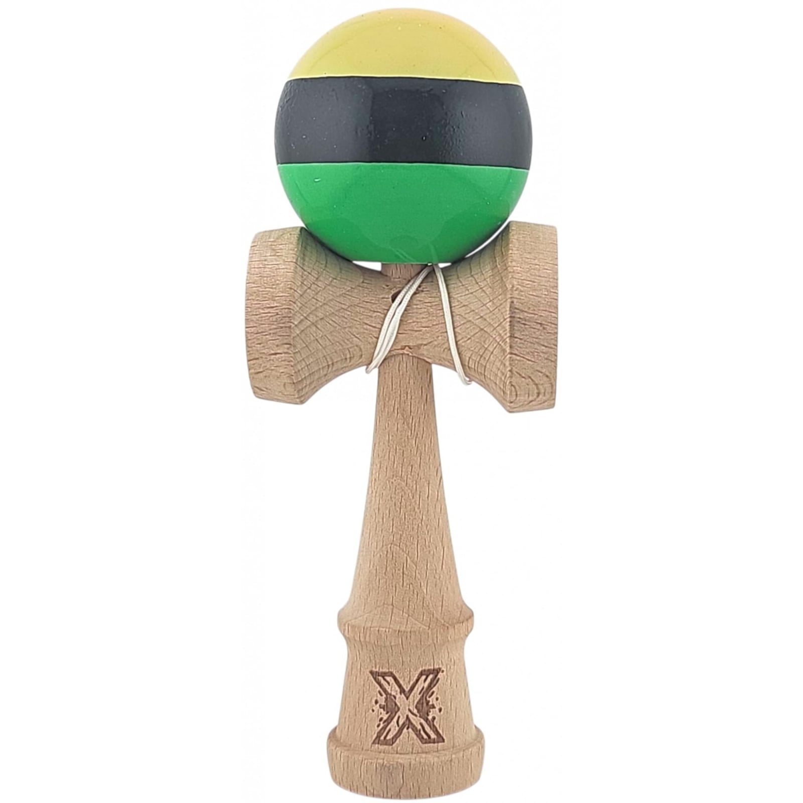 Kendama X Originala, Profesionala, Klevo, Super Sticky din Lemn, 18 cm, Galben/Negru/Verde