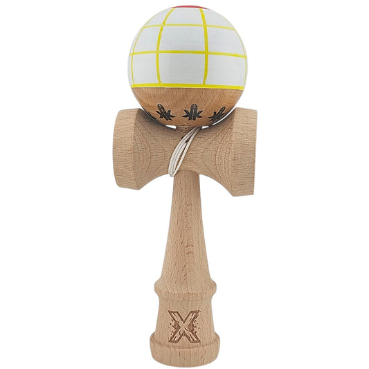 Kendama X Originala, Profesionala, Klevo, din Lemn, Super Sticky, 18 cm, Alb/Galben/Rosu