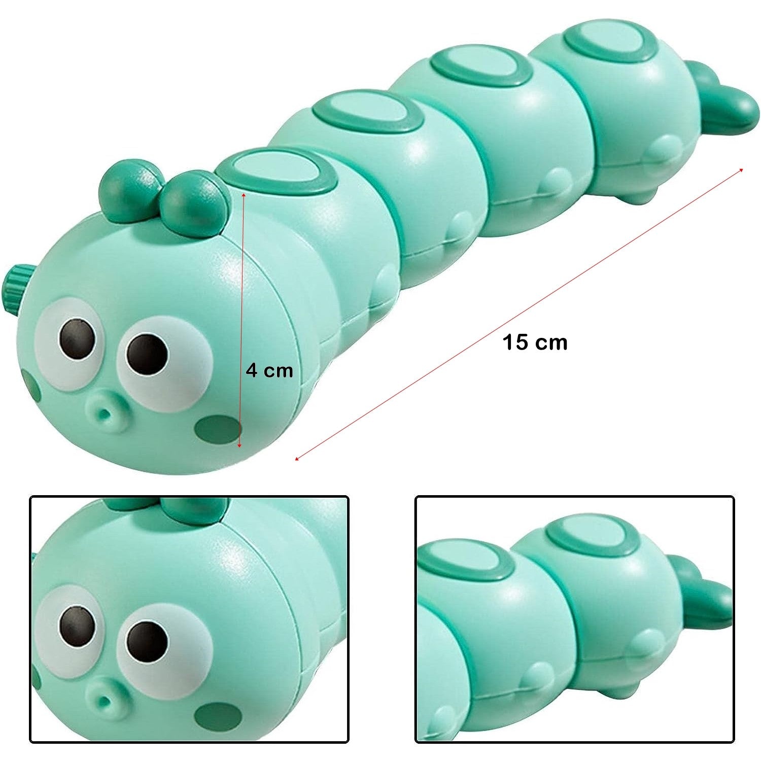 Jucarie mecanica pentru copii Klevo, omida haioasa, cu cheita, distractiva, se taraste, se misca, 15 x 4 cm, verde