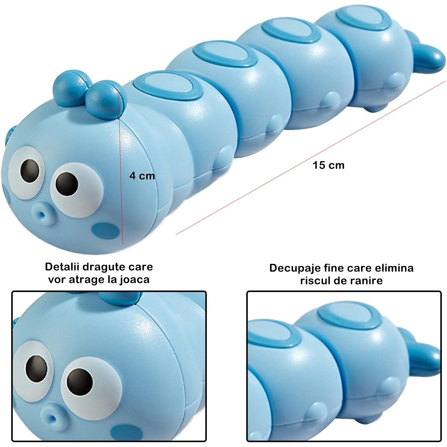 Jucarie mecanica pentru copii Klevo, omida haioasa, material ABS, cu cheita, distractiva, se taraste, se misca, 15 x 4 cm, albastru