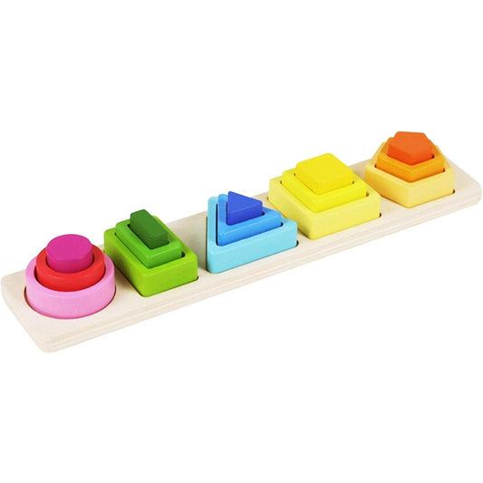 Jucarie Montessori din Lemn, Klevo, Tip Puzzle, cu 5 Forme Asimetrice, 15 Piese, Educativa, Interactiva, Creativa, Model Forme Geometrice, Materiale Non Toxice, +2 Ani, 29x6.5 cm, Multicolor