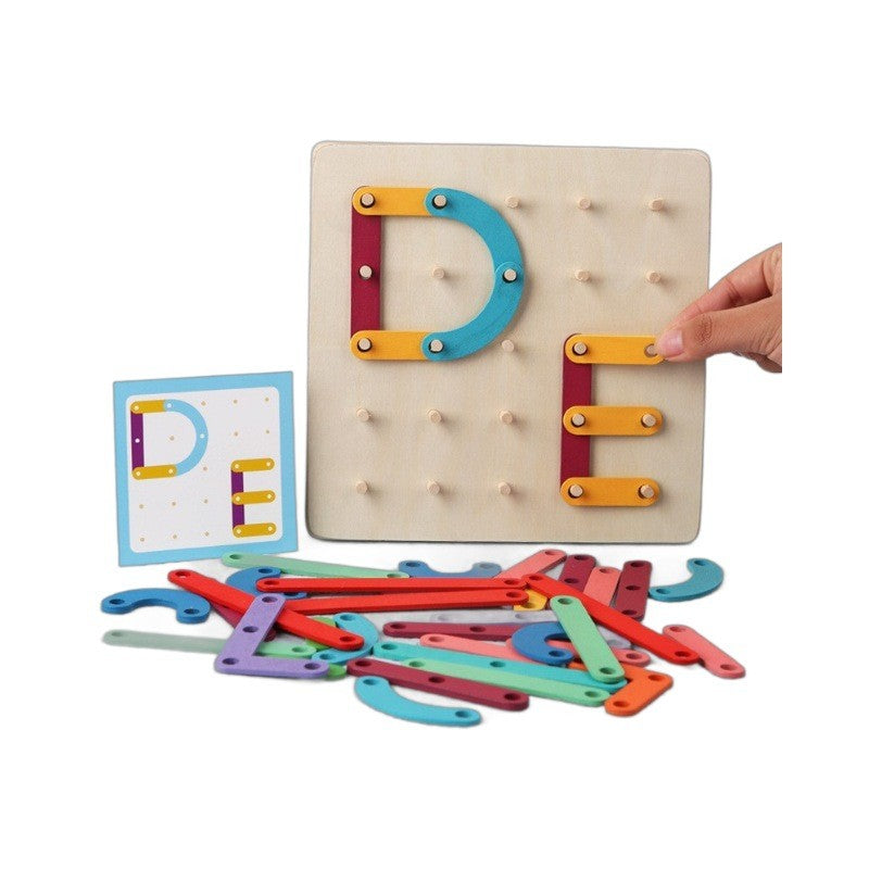 Jucarie Montessori Pegboard, Klevo, din Lemn, Tip Puzzle, Forme, Litere, Educativ, 17.8 x 17.8 x 1.5 cm, Multicolor