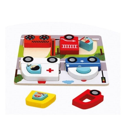 Jucarie Montessori, Klevo, Tip Puzzle 3D, din Lemn, +36 Luni, Model Masini, 18 x 18 x 1.5 cm, Multicolor