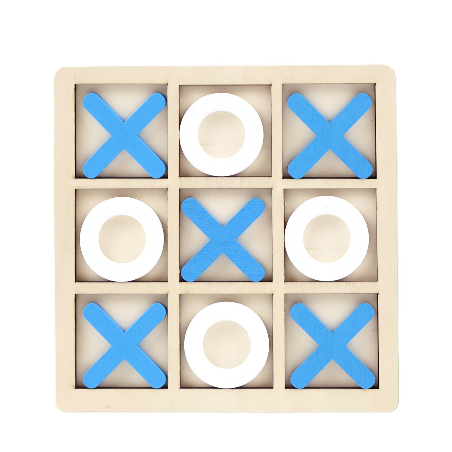 Jucarie Montessori Tic Tac Toe, Klevo, Educativa, Interactiva, din lemn, X si O, 9 Piese, 14.3x14.3 cm, Albastru Alb