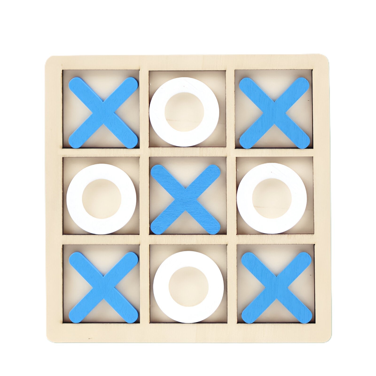 Jucarie Montessori Tic Tac Toe, Klevo, Educativa, Interactiva, din lemn, X si O, 9 Piese, 14.3x14.3 cm, Albastru Alb
