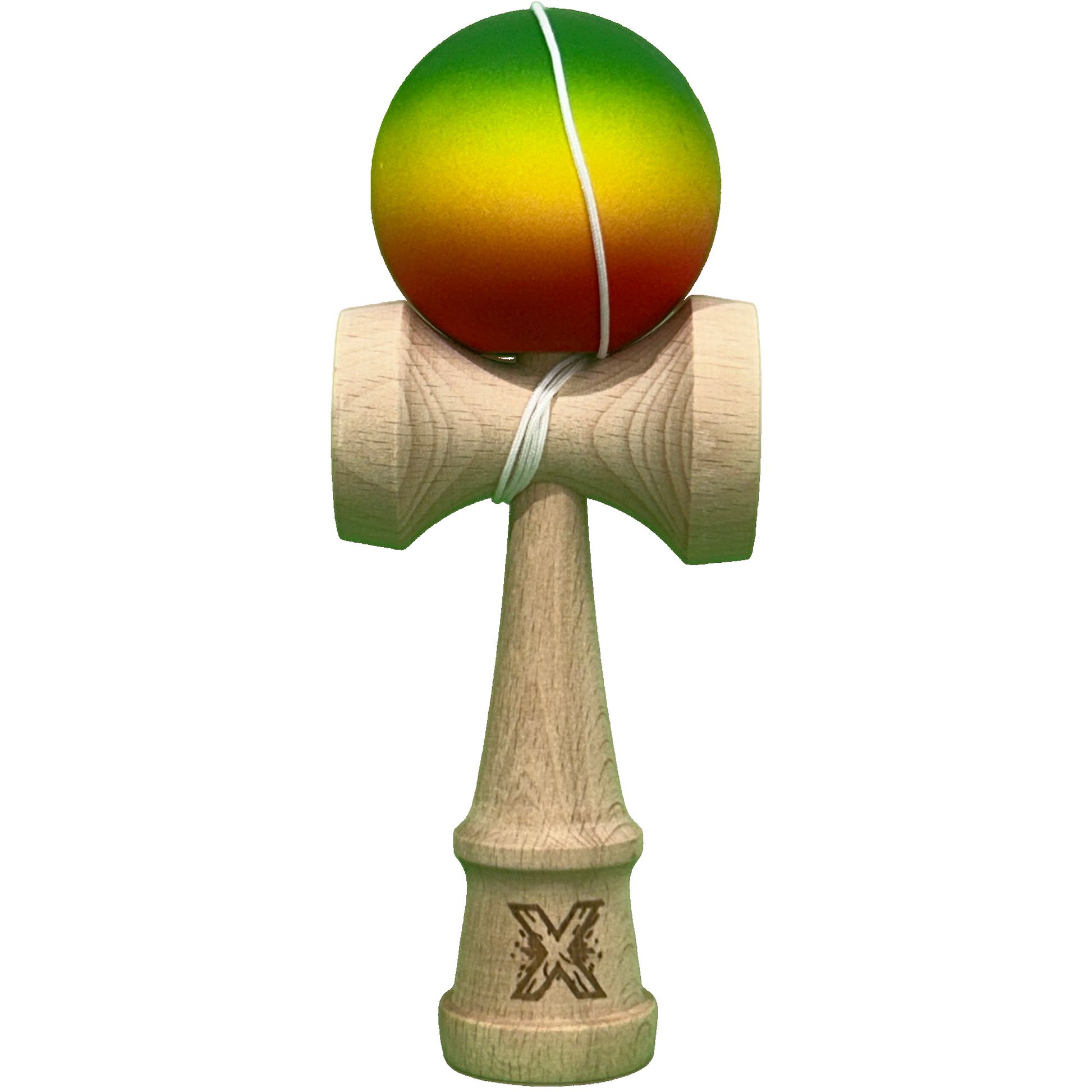 Kendama X Originala, Profesionala, Klevo, din Lemn cu Bila Cauciucata, 18 cm, Gradient Verde/Galben/Rosu