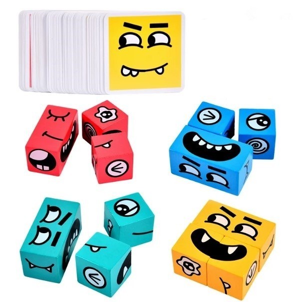Jucarie Pentru Copii Montessori Klevo, Cub din Lemn, Asamblare Fete, 64 de Carti Distractive, Clepsidra si Clopotel inclus, pentru Baieti si Fete, Varsta +3 ani, Educativ, Cutie din carton, 21 x 21 x 5.5 cm, multicolor