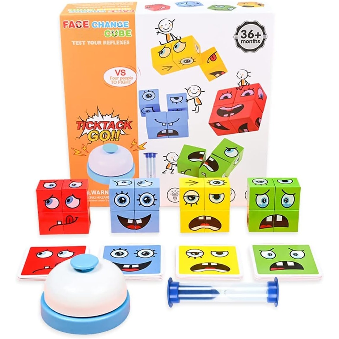 Jucarie Pentru Copii Montessori Klevo, Cub din Lemn, Asamblare Fete, 64 de Carti Distractive, Clepsidra si Clopotel inclus, pentru Baieti si Fete, Varsta +3 ani, Educativ, Cutie din carton, 21 x 21 x 5.5 cm, multicolor