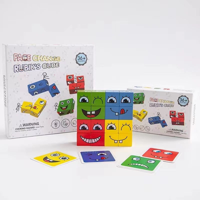 Jucarie pentru copii montessori Klevo, cub din lemn, asamblare fete, 64 de carti distractive, pentru baieti si fete, varsta +3 ani, educativ, multicolor