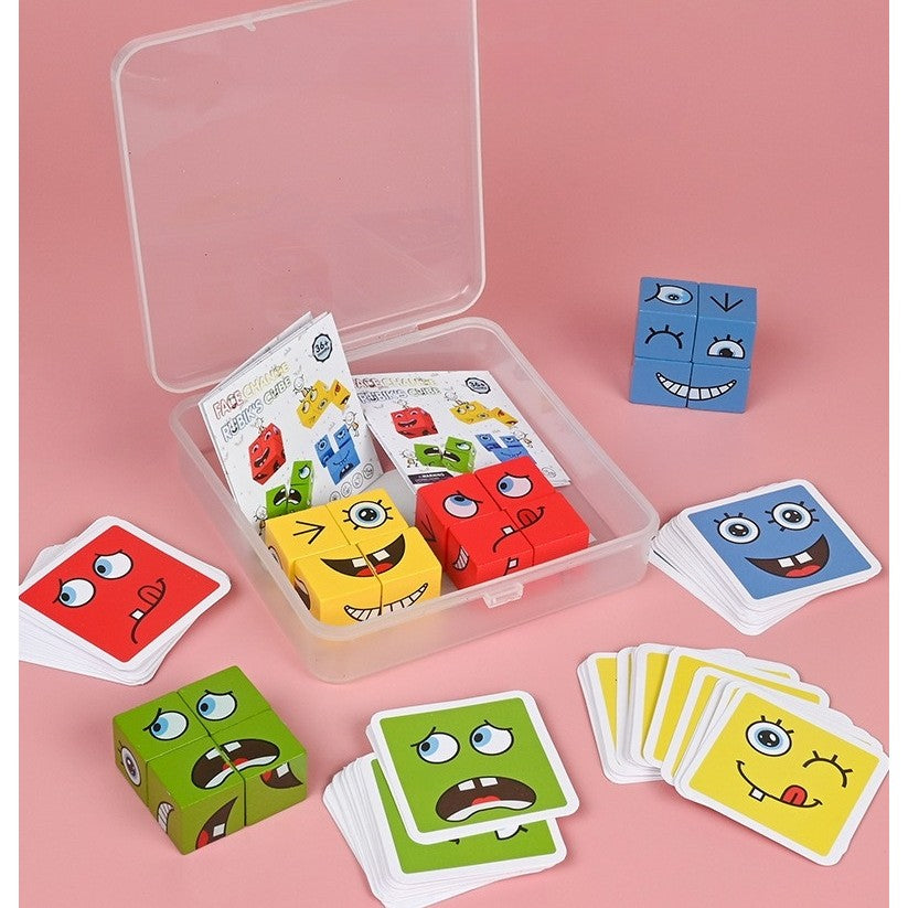 Jucarie Pentru Copii Montessori Klevo, Cub din Lemn, Asamblare Fete, 64 de Carti Distractive, pentru Baieti si Fete, Varsta +3 ani, Educativ, Ambalaj din plastic, 12 x 12 x 3 cm, multicolor