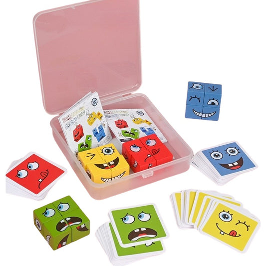 Jucarie Pentru Copii Montessori Klevo, Cub din Lemn, Asamblare Fete, 64 de Carti Distractive, pentru Baieti si Fete, Varsta +3 ani, Educativ, Ambalaj din plastic, 12 x 12 x 3 cm, multicolor