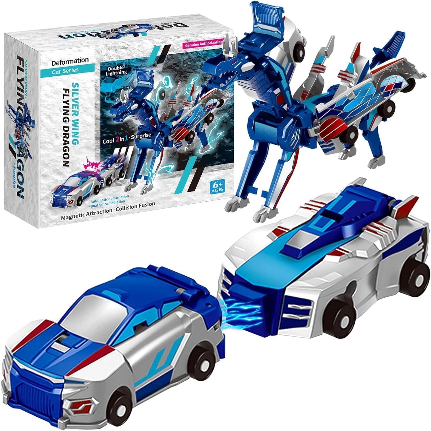 Jucarie Transformabila 2in1, Klevo, Silver Wing Flying Dragon, Masina/Dragon, Atractie Magnetica, +6 Ani, din ABS, Albastru