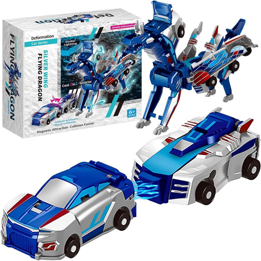 Jucarie Transformabila 2in1, Klevo, Silver Wing Flying Dragon, Masina/Dragon, Atractie Magnetica, +6 Ani, din ABS, Albastru