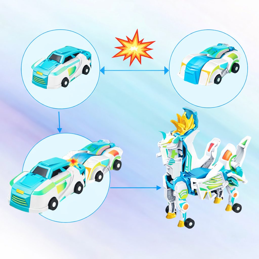 Jucarie Transformer Magnetica 3 in 1 Mars Deer Cosmic Planet, Klevo, 3 Masini Care se Transforma in Pegas Inaripat, Atractie Magnetica, 3+ Ani, din ABS, Albastru
