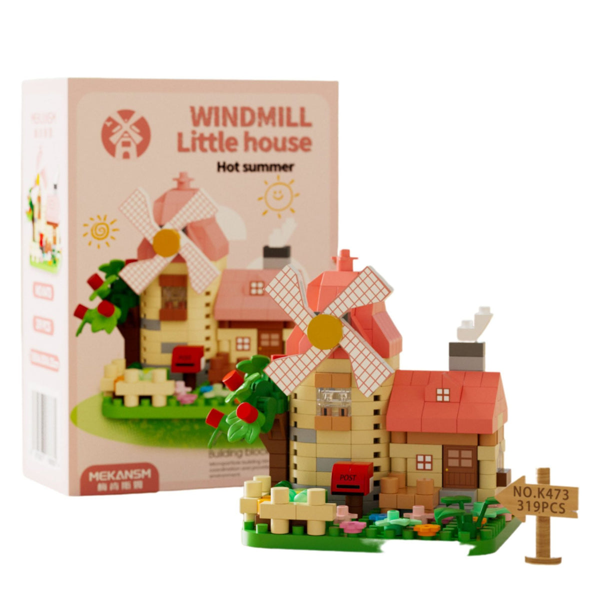 Set de Constructie, Klevo, Model Miniatura Moara de Vant, Jucarie Educativa STEM, Model 3D, Micro-Caramizi, 319 piese, +6 Ani, cm, 11.5 x 8 x 4.5 cm, Roz