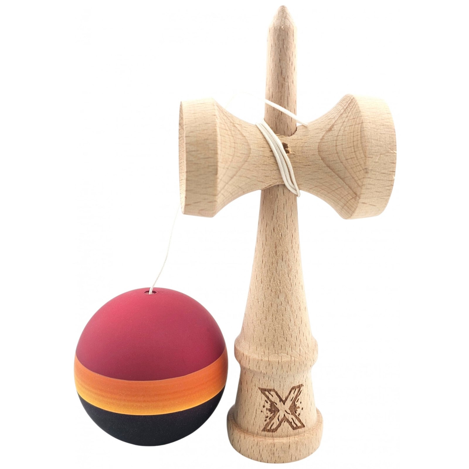 Kendama Originala X, Profesionala, Klevo, Rubber Grip, din Lemn, 18 cm, Rosu/Galben/Negru