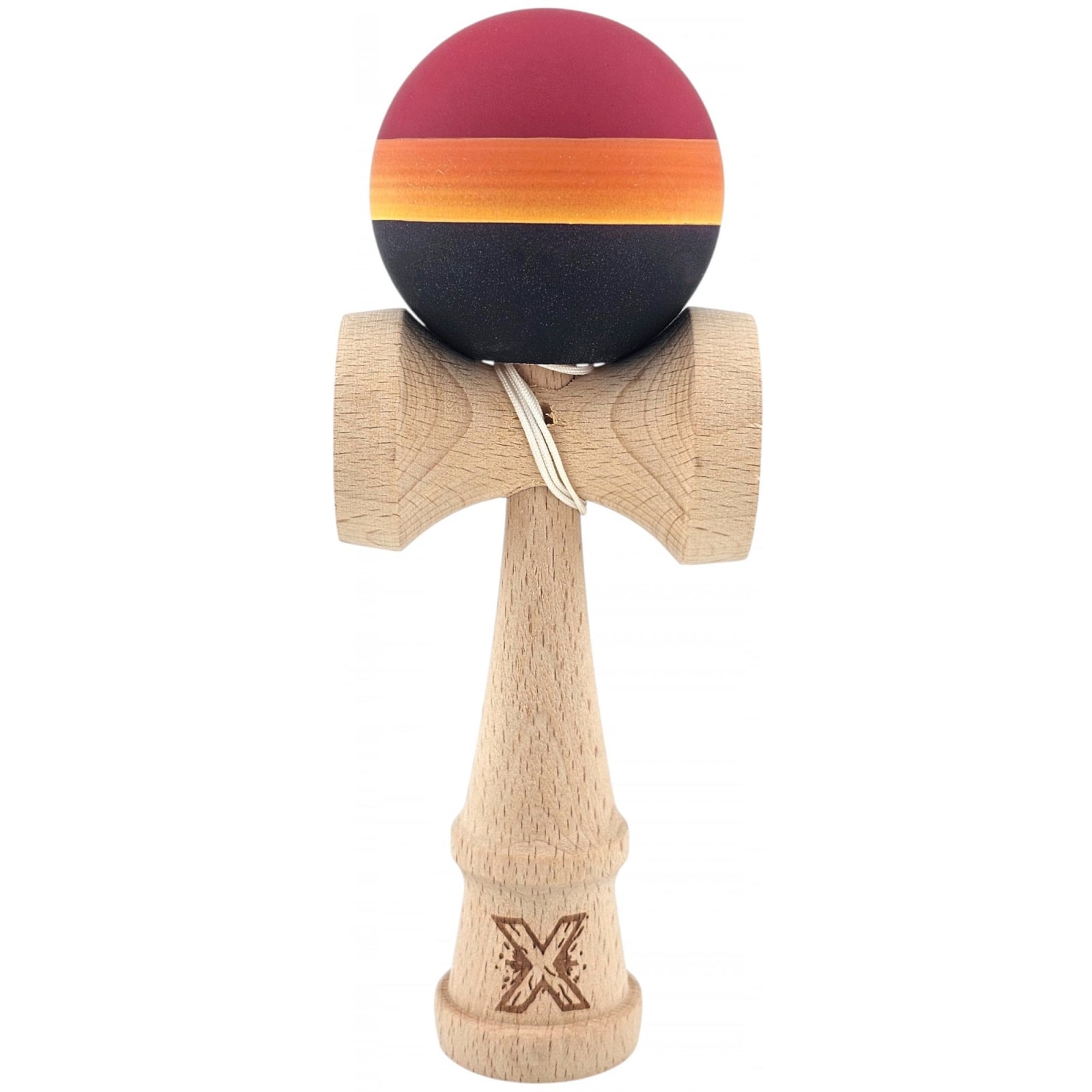 Kendama Originala X, Profesionala, Klevo, Rubber Grip, din Lemn, 18 cm, Rosu/Galben/Negru