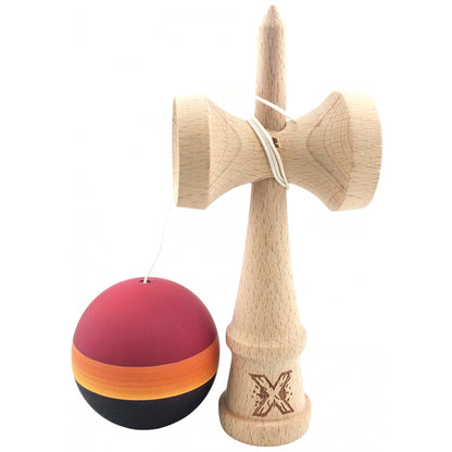 Kendama Originala X, Profesionala, Klevo, Rubber Grip, din Lemn, 18 cm, Rosu/Galben/Negru