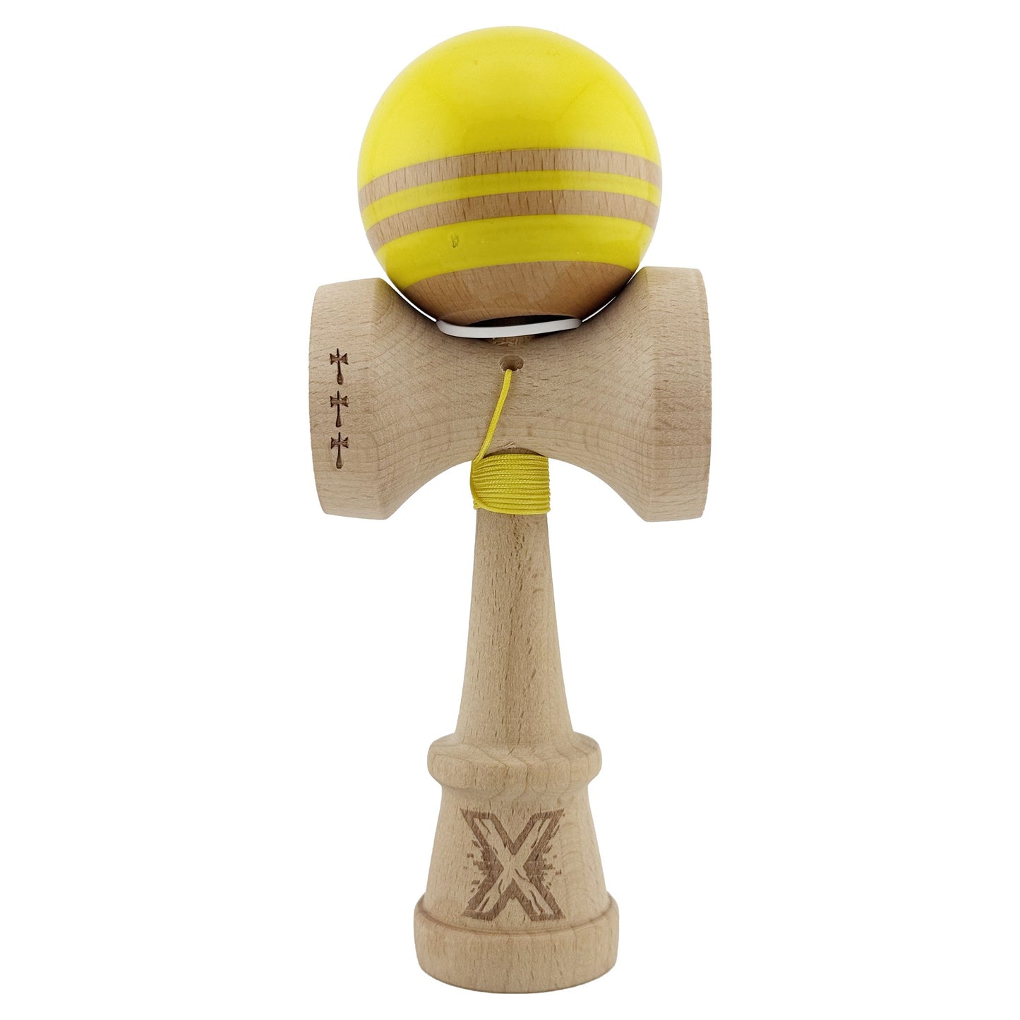 Kendama X Originala RAINBOW, Profesionala, Klevo, Cupe Mari KING SIZE V3, Super Sticky, Gaura in Baza, Rulment Metalic, din lemn 18 cm, Ata 62/65 cm, Galben/Maro