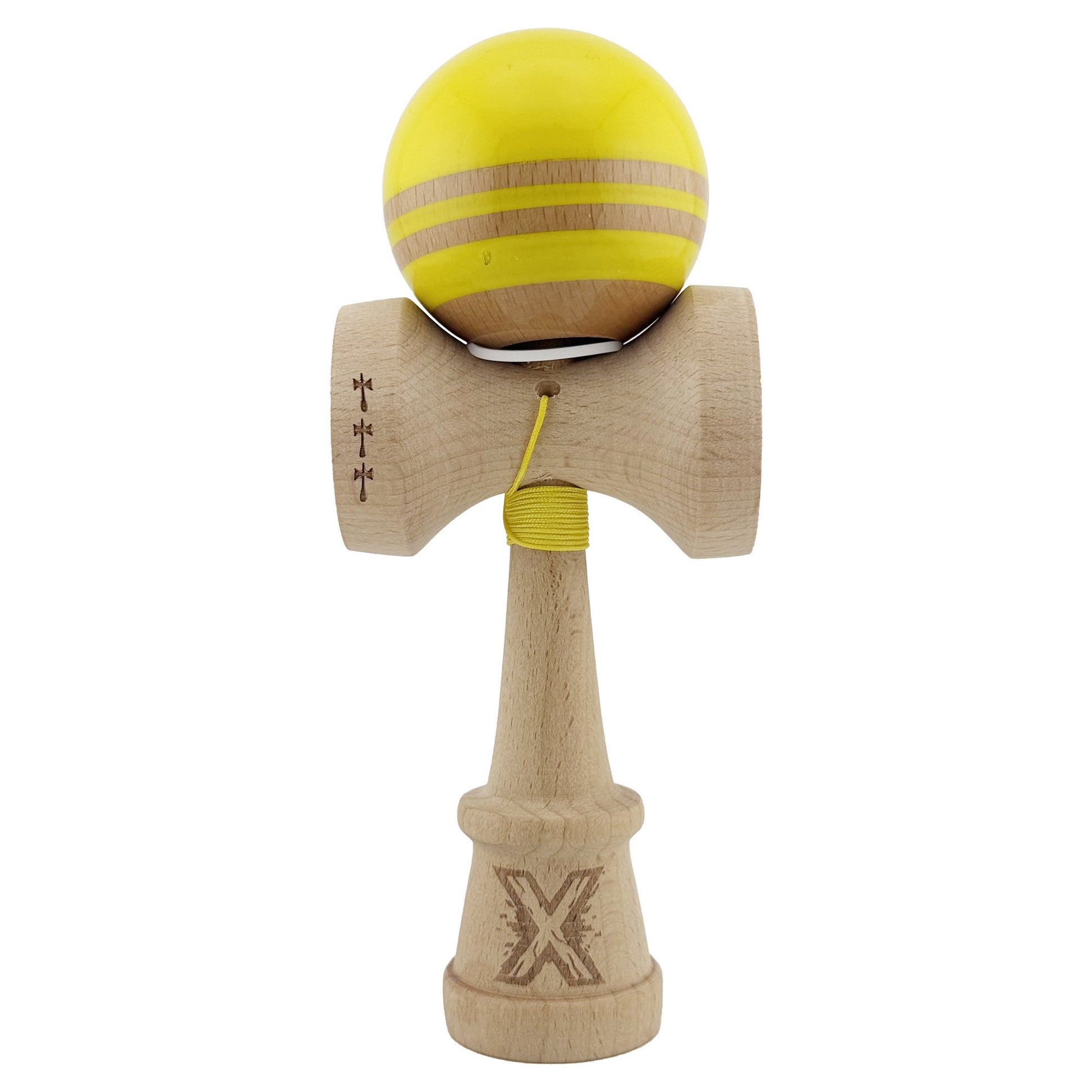 Kendama X Originala RAINBOW, Profesionala, Klevo, Cupe Mari KING SIZE V3, Super Sticky, Gaura in Baza, Rulment Metalic, din lemn 18 cm, Ata 62/65 cm, Galben/Maro