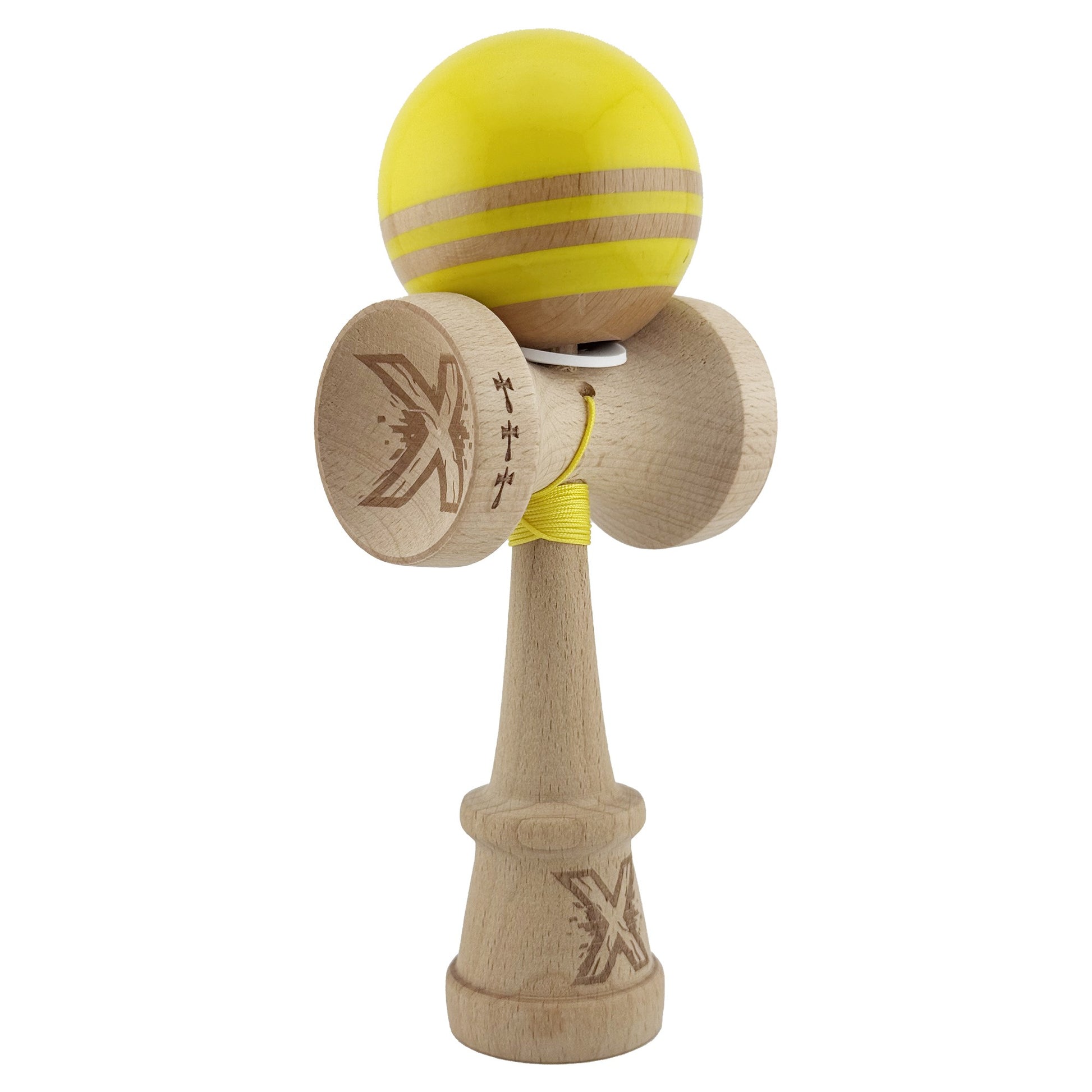 Kendama X Originala RAINBOW, Profesionala, Klevo, Cupe Mari KING SIZE V3, Super Sticky, Gaura in Baza, Rulment Metalic, din lemn 18 cm, Ata 62/65 cm, Galben/Maro