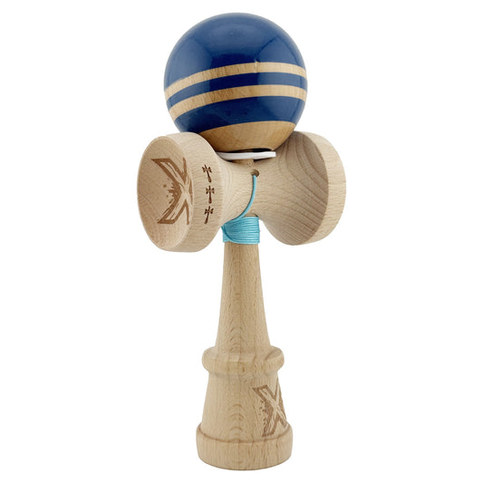 Kendama X Originala RAINBOW, Profesionala, Klevo, Cupe Mari KING SIZE V3, Super Sticky, Gaura in Baza, Rulment Metalic, din lemn 18 cm, Ata 62/65 cm, Albastru/Maro