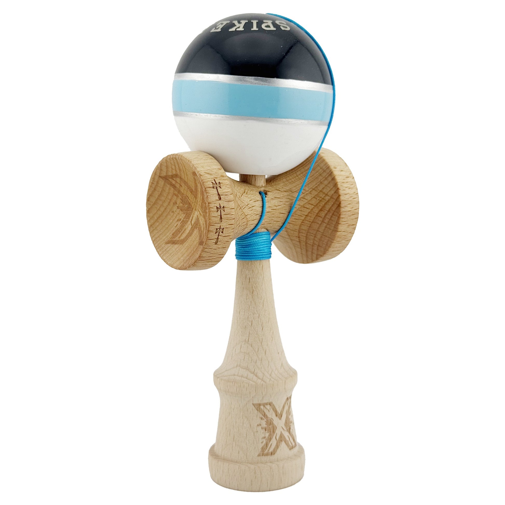 Kendama X ROYAL SPIKE Originala, Profesionala, Klevo, Big Cups V2, Super Sticky cu Cupe Mari, Rulment Metalic, din lemn 18 cm, Ata 55 cm, Negru/Albastru Silver/Alb
