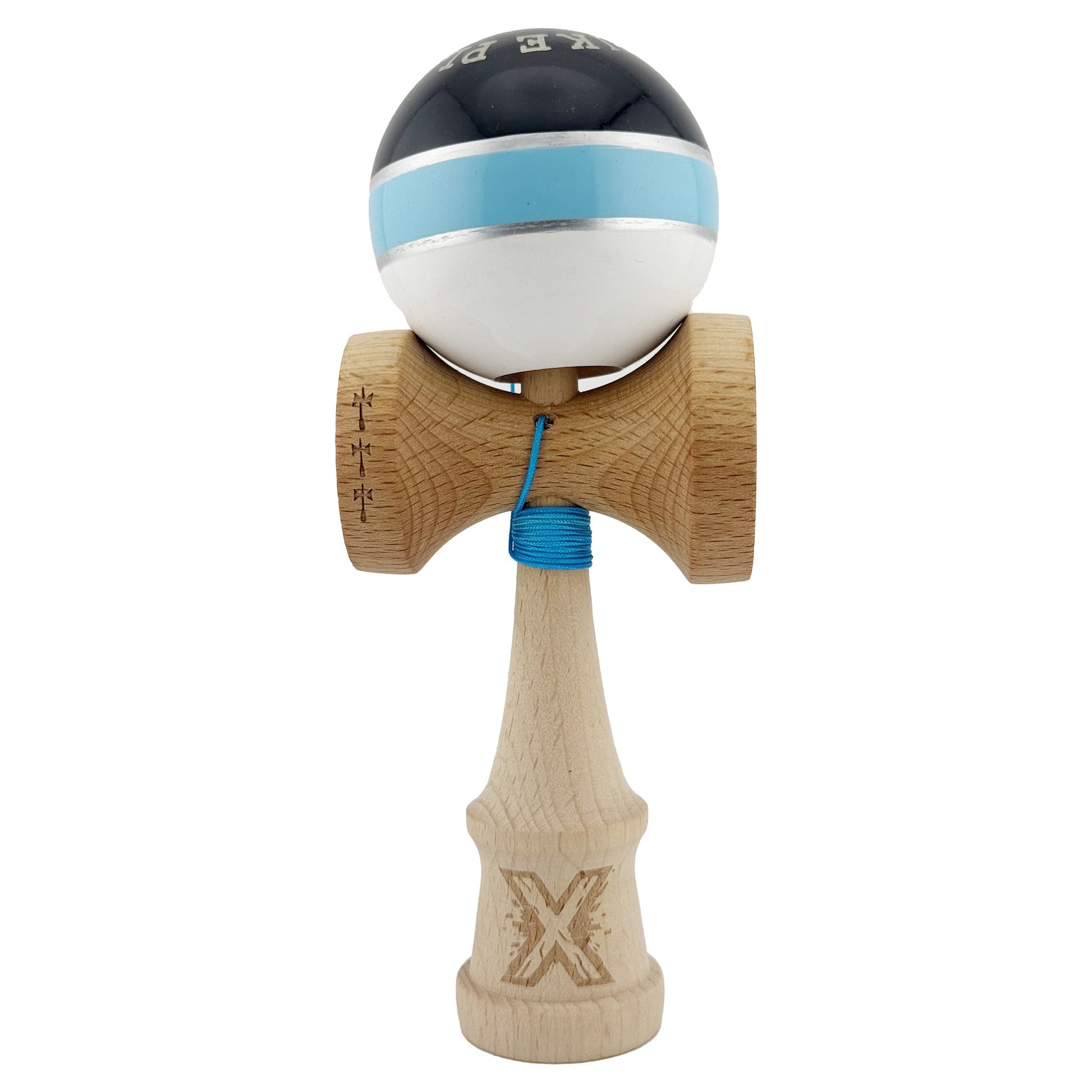 Kendama X ROYAL SPIKE Originala, Profesionala, Klevo, Big Cups V2, Super Sticky cu Cupe Mari, Rulment Metalic, din lemn 18 cm, Ata 55 cm, Negru/Albastru Silver/Alb