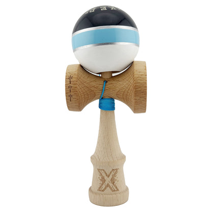 Kendama X ROYAL SPIKE Originala, Profesionala, Klevo, Big Cups V2, Super Sticky cu Cupe Mari, Rulment Metalic, din lemn 18 cm, Ata 55 cm, Negru/Albastru Silver/Alb