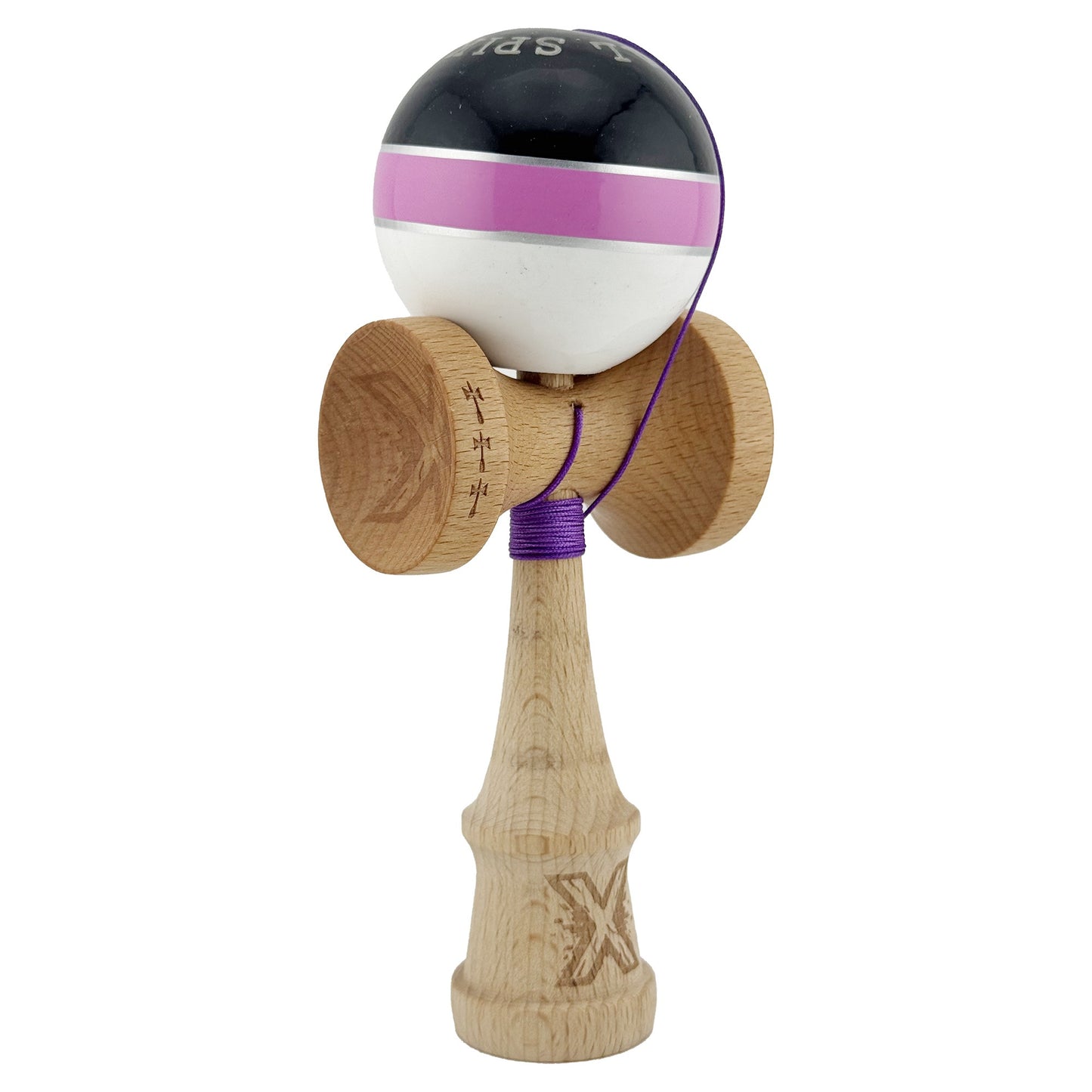 Kendama X ROYAL SPIKE Originala, Profesionala, Klevo, Big Cups V2, Super Sticky cu Cupe Mari, Rulment Metalic, din lemn 18 cm, Ata 55 cm, Negru/Roz Silver/Alb