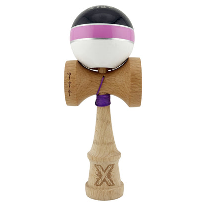 Kendama X ROYAL SPIKE Originala, Profesionala, Klevo, Big Cups V2, Super Sticky cu Cupe Mari, Rulment Metalic, din lemn 18 cm, Ata 55 cm, Negru/Roz Silver/Alb
