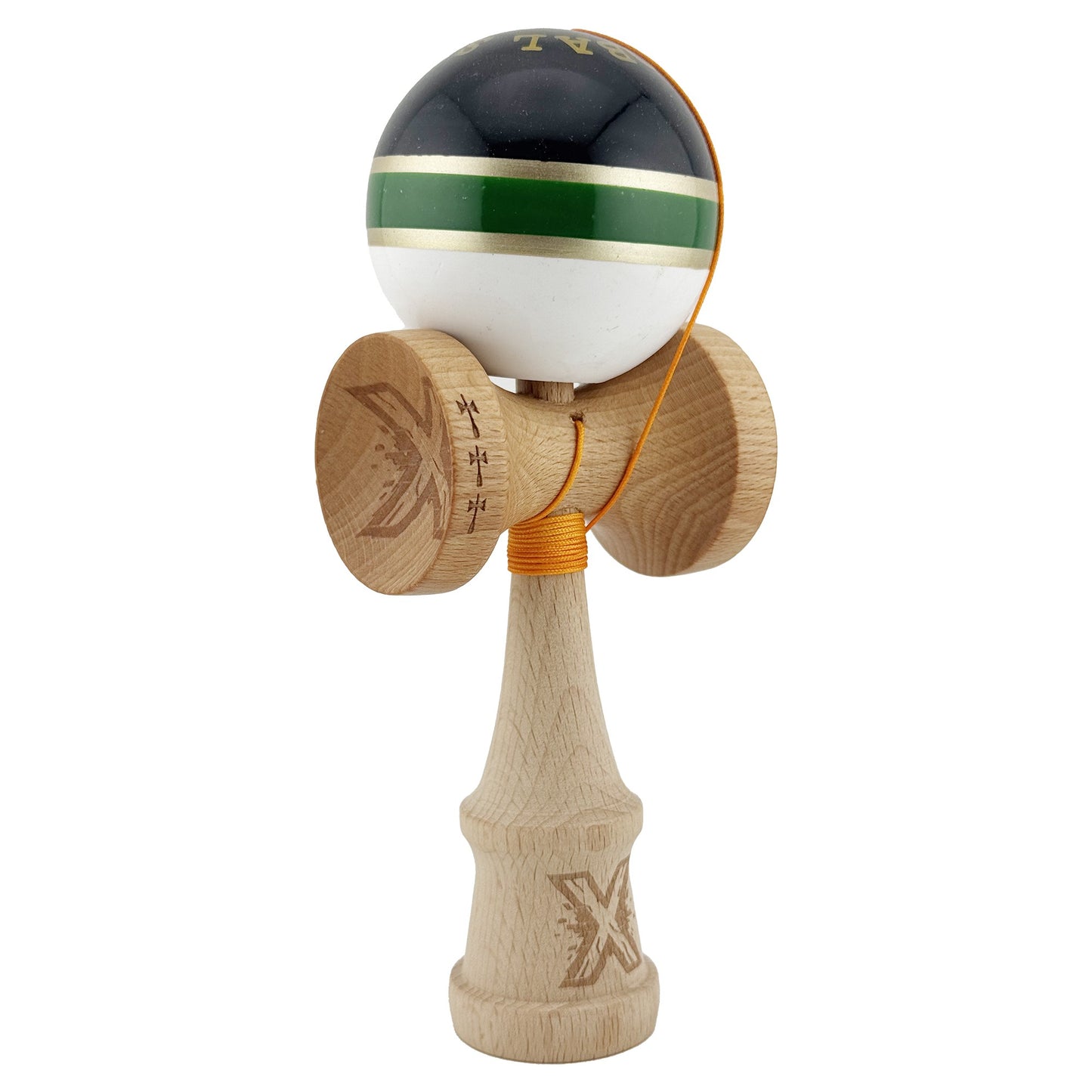 Kendama X ROYAL SPIKE Originala, Profesionala, Klevo, Big Cups V2, Super Sticky cu Cupe Mari, Rulment Metalic, din lemn 18 cm, Ata 55 cm, Negru/Verde Gold/Alb