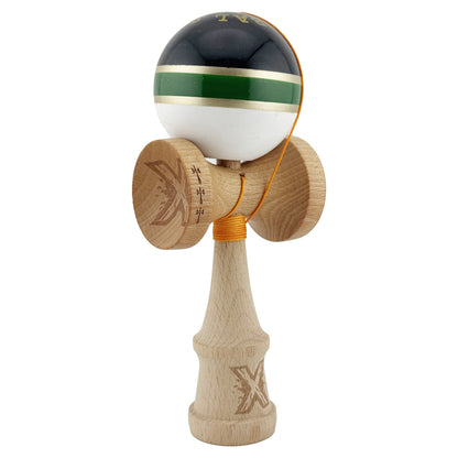 Kendama X ROYAL SPIKE Originala, Profesionala, Klevo, Big Cups V2, Super Sticky cu Cupe Mari, Rulment Metalic, din lemn 18 cm, Ata 55 cm, Negru/Verde Gold/Alb