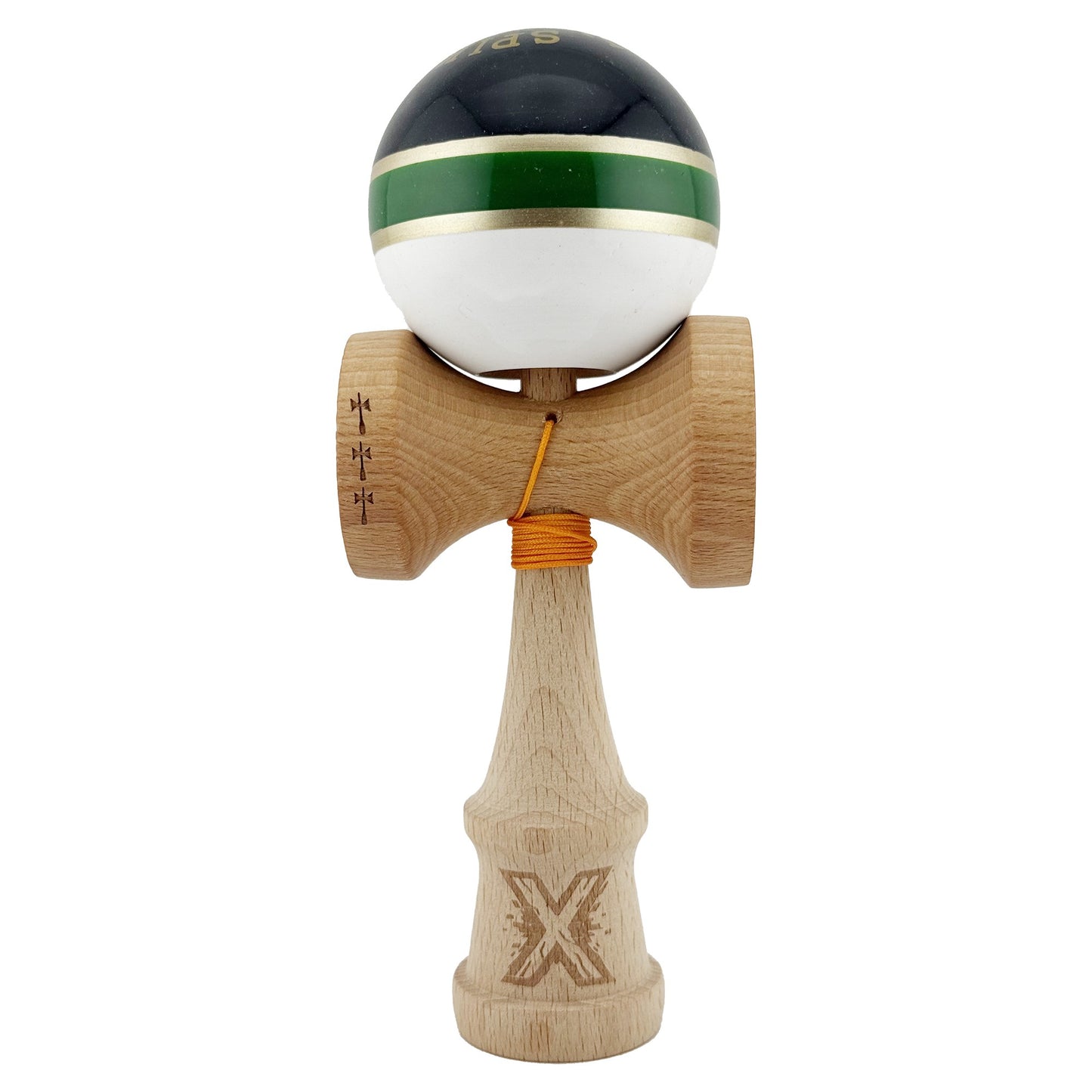Kendama X ROYAL SPIKE Originala, Profesionala, Klevo, Big Cups V2, Super Sticky cu Cupe Mari, Rulment Metalic, din lemn 18 cm, Ata 55 cm, Negru/Verde Gold/Alb
