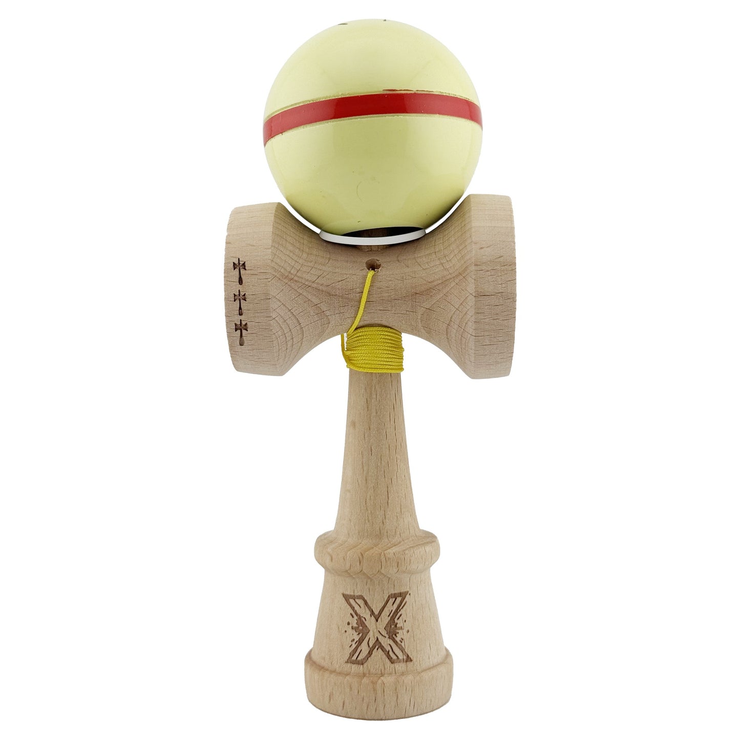 Kendama X Originala Silken, Profesionala, Klevo, Cupe Mari KING SIZE V3, Super Sticky, Gaura in Baza, Rulment Metalic, din lemn 18 cm, Ata 62/65 cm, Cream Galben