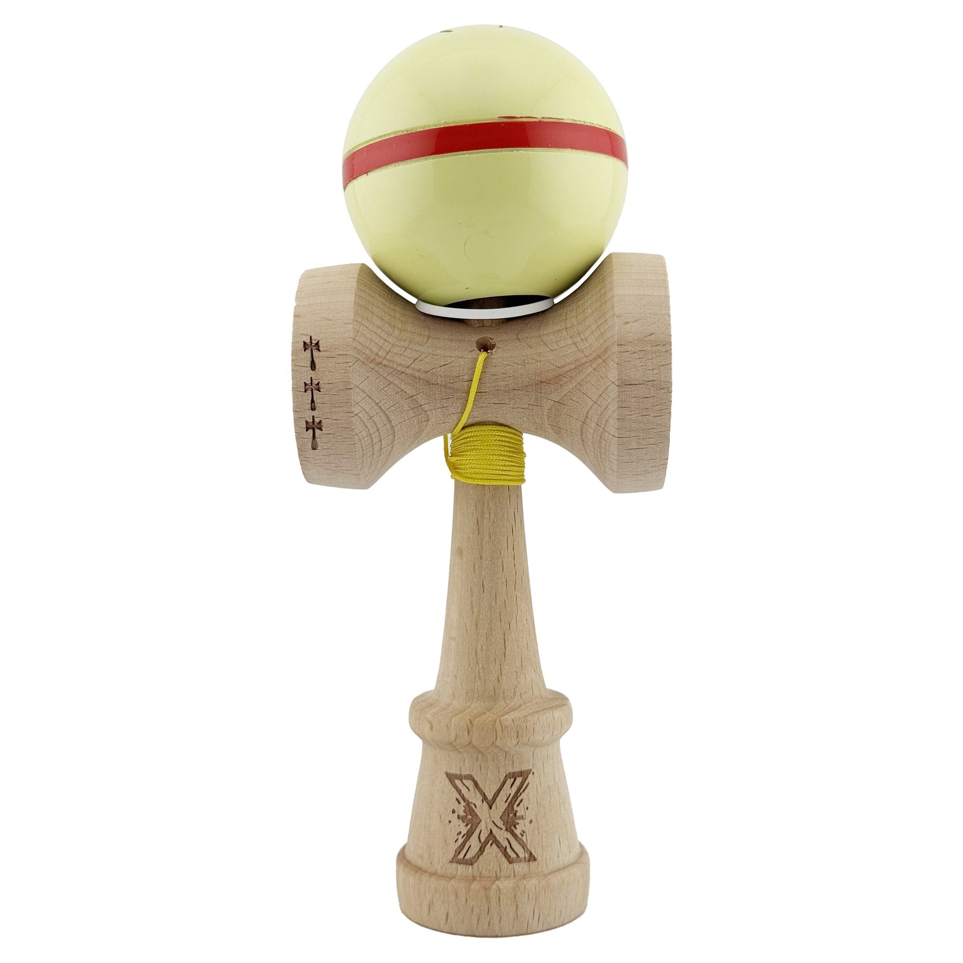 Kendama X Originala Silken, Profesionala, Klevo, Cupe Mari KING SIZE V3, Super Sticky, Gaura in Baza, Rulment Metalic, din lemn 18 cm, Ata 62/65 cm, Cream Galben