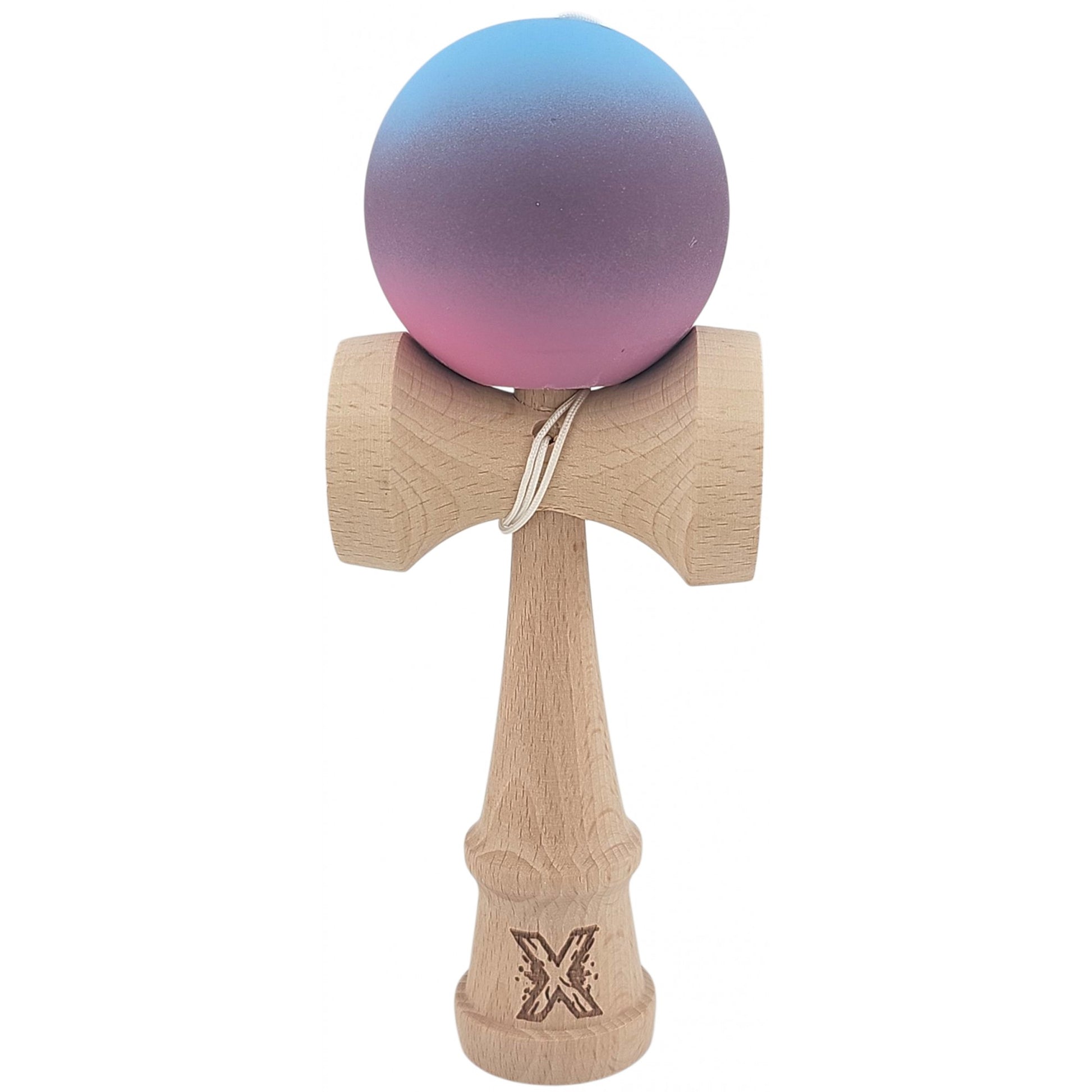 Kendama X Originala, Profesionala, Klevo, din Lemn, 18 cm, Rubber Grip, Gradient Albastru deschis/Mov/Roz