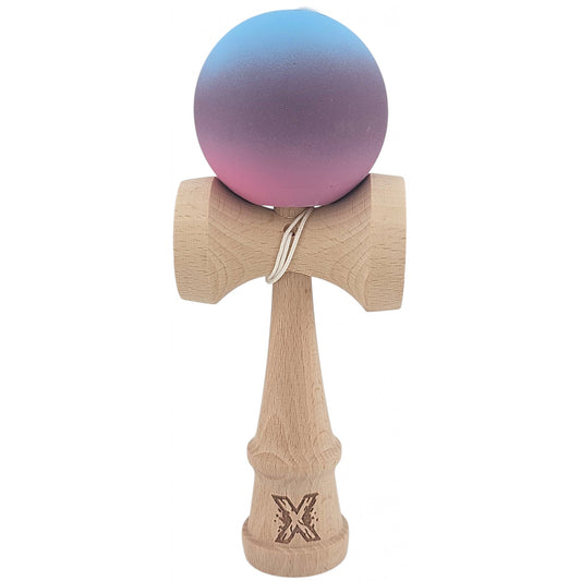 Kendama X Originala, Profesionala, Klevo, din Lemn, 18 cm, Rubber Grip, Gradient Albastru deschis/Mov/Roz