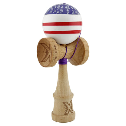 Kendama X CHICANOS Originala, Profesionala, Klevo, Big Cups V2, Super Sticky cu Cupe Mari, Rulment Metalic, din lemn 18 cm, Ata 55 cm, Violet/Alb
