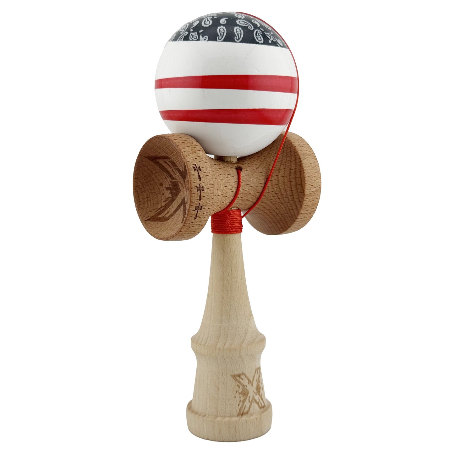 Kendama X CHICANOS Originala, Profesionala, Klevo, Big Cups V2, Super Sticky cu Cupe Mari, Rulment Metalic, din lemn 18 cm, Ata 55 cm, Negru/Alb