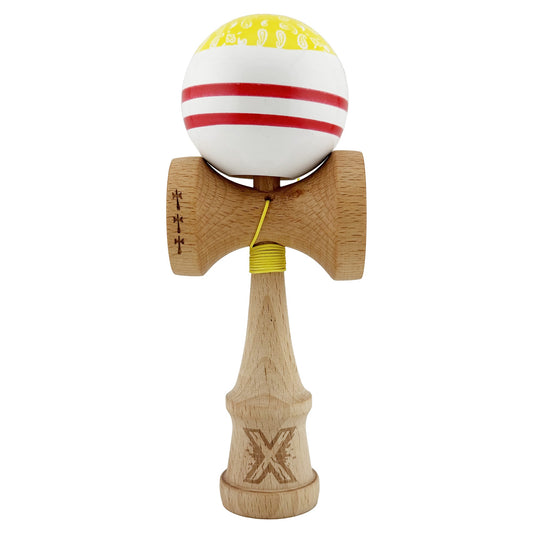 Kendama X CHICANOS Originala, Profesionala, Klevo, Big Cups V2, Super Sticky cu Cupe Mari, Rulment Metalic, din lemn 18 cm, Ata 55 cm, Auriu/Alb