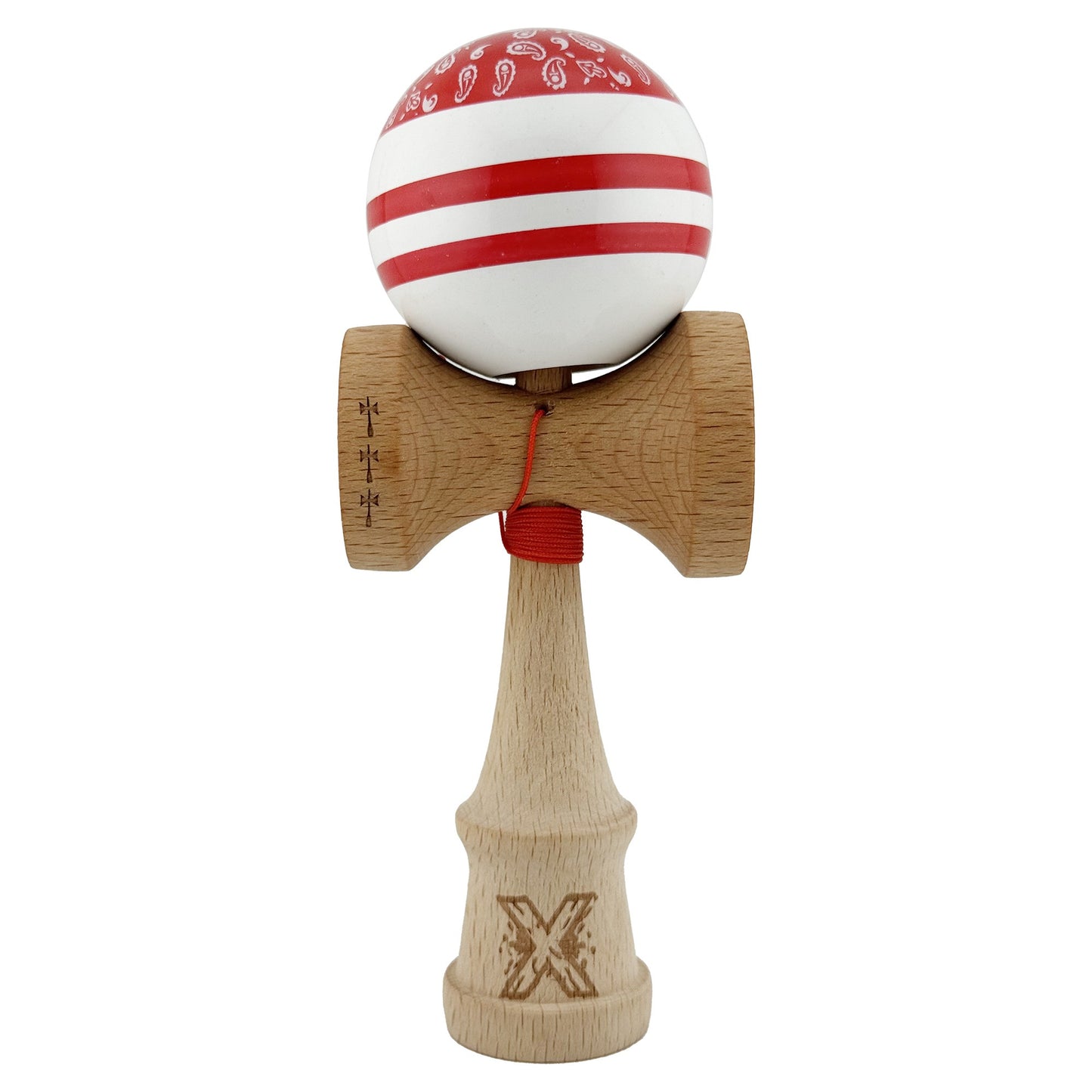 Kendama X CHICANOS Originala, Profesionala, Klevo, Big Cups V2, Super Sticky cu Cupe Mari, Rulment Metalic, din lemn 18 cm, Ata 55 cm, Rosu/Alb