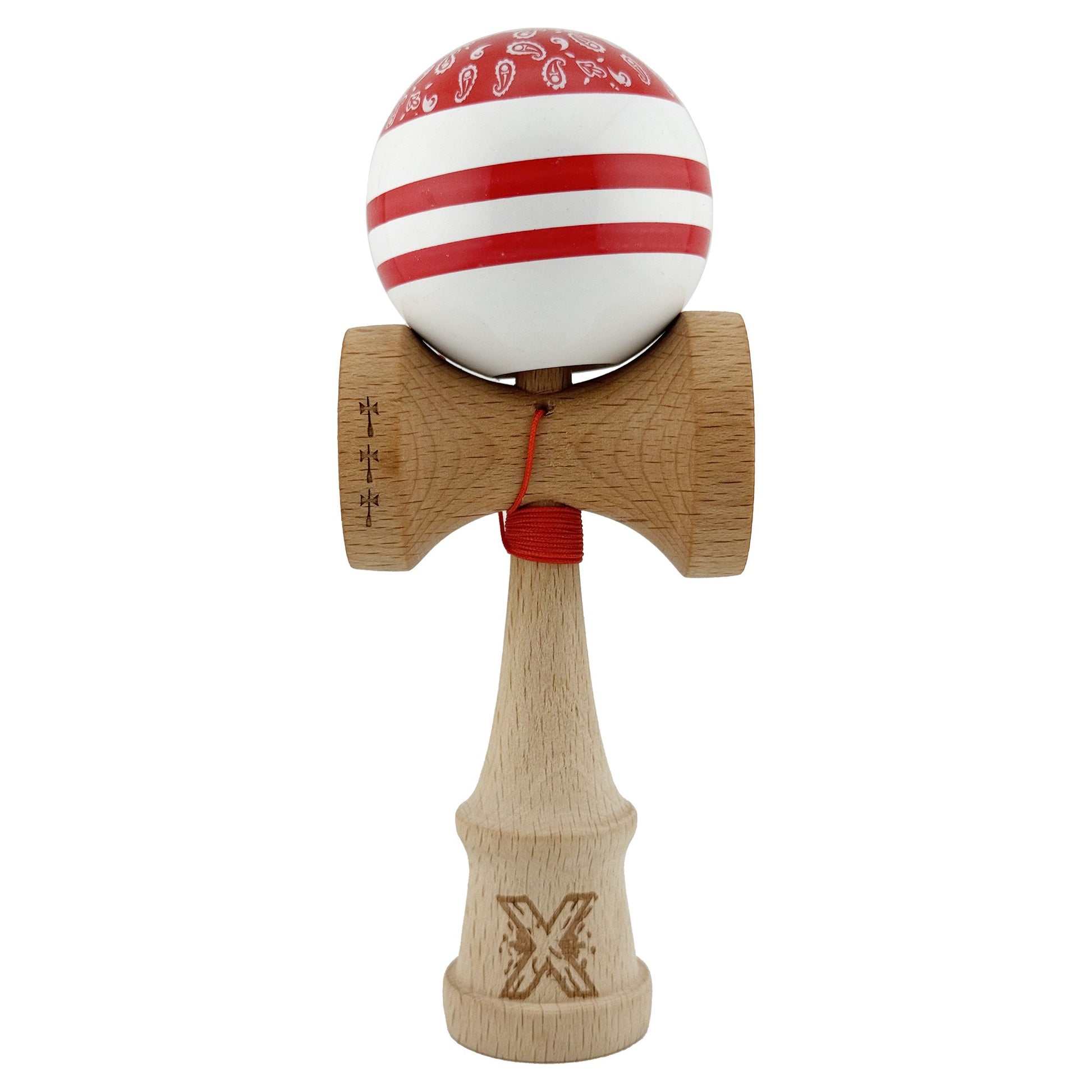 Kendama X CHICANOS Originala, Profesionala, Klevo, Big Cups V2, Super Sticky cu Cupe Mari, Rulment Metalic, din lemn 18 cm, Ata 55 cm, Rosu/Alb